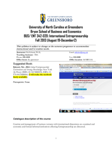 University of North Carolina at Greensboro BUS/ ENT 342-02D: International Entrepreneurship
