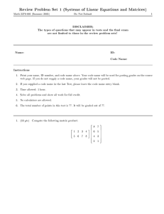 Review Problem Set 1 (Systems of Linear Equations and Matrices)