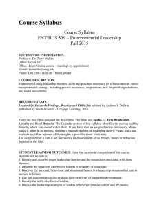 Course Syllabus ENT/BUS 339 – Entrepreneurial Leadership Fall 2015