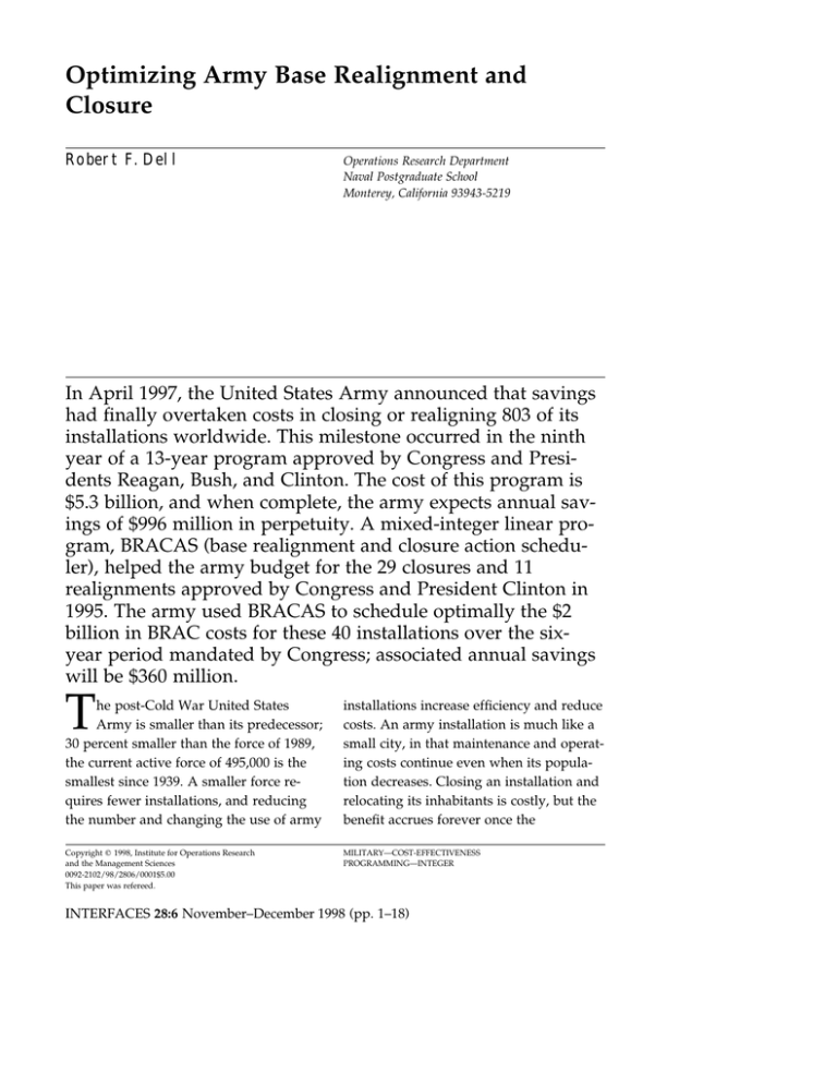 Optimizing Army Base Realignment and Closure