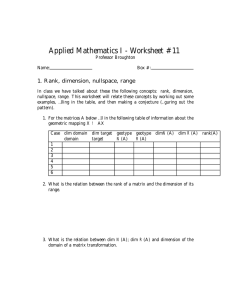 Applied Mathematics I - Worksheet #11 1. Rank, dimension, nullspace, range