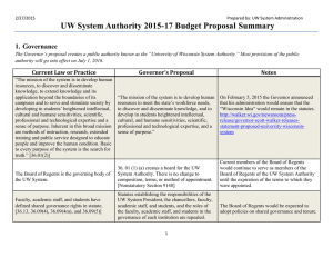UW System Authority 2015-17 Budget Proposal Summary 1.  Governance