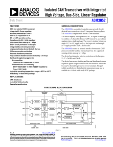 Isolated CAN Transceiver with Integrated High Voltage, Bus-Side, Linear Regulator ADM3052 Data Sheet