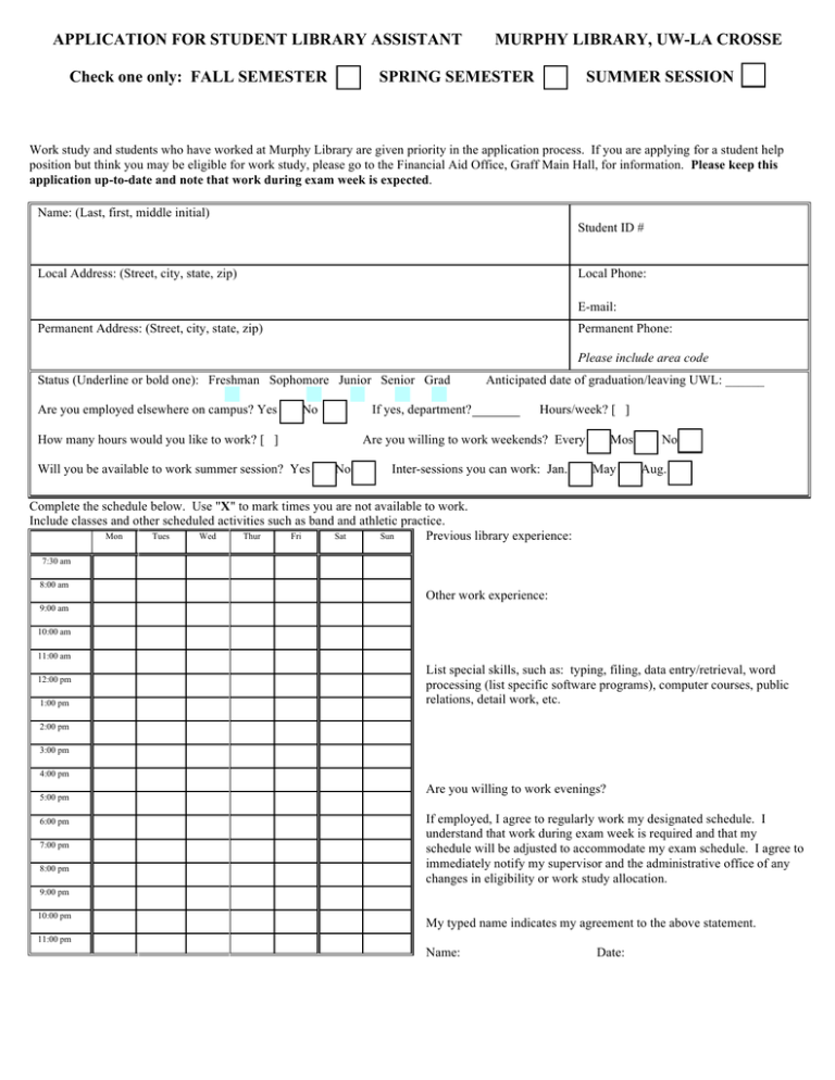 APPLICATION FOR STUDENT LIBRARY ASSISTANT MURPHY LIBRARY UW LA CROSSE