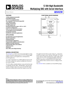 12-Bit High Bandwidth Multiplying DAC with Serial Interface AD5452W Data Sheet