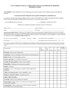 UW-LA CROSSE CLINICAL LABORATORY SCIENCE (CLS) PROGRAM ADMISSION REFERENCE FORM