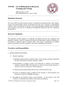 15.99.06  Use of Biohazards in Research,  Teaching and Testing Regulation Statement