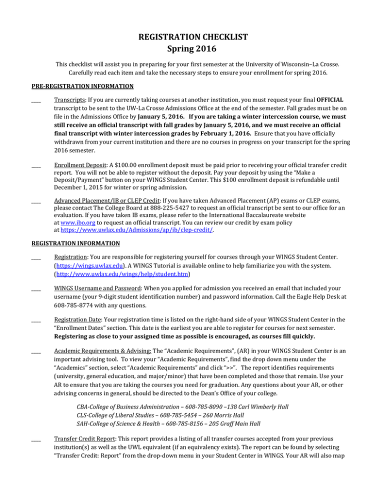 REGISTRATION CHECKLIST Spring 2016