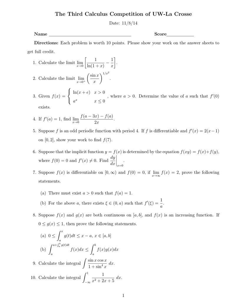 The Third Calculus Competition Of Uw La Crosse