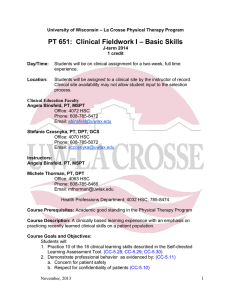 – Basic Skills PT 651:  Clinical Fieldwork I