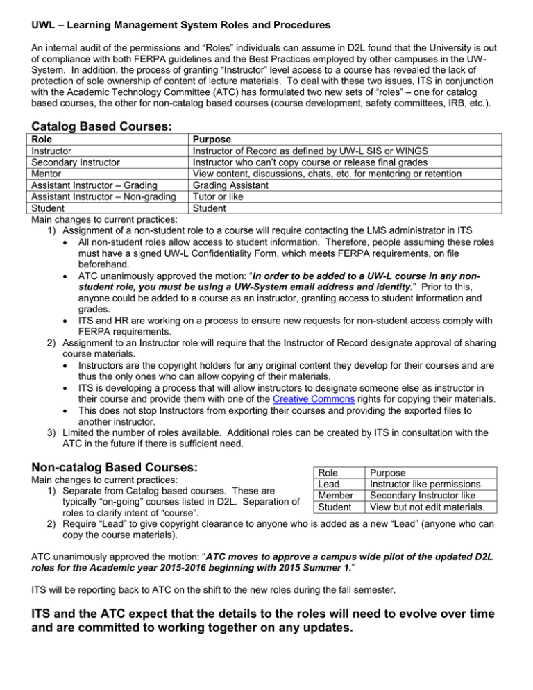 Learning Management System Roles and Procedures UWL