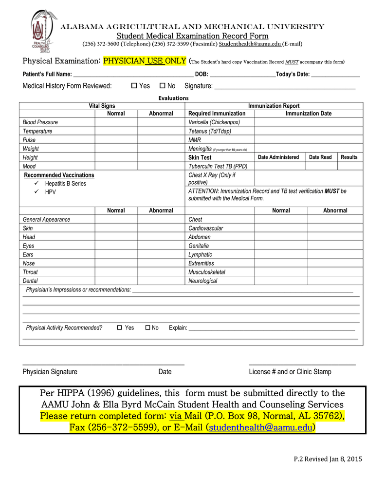 Student Medical Examination Record Form Physical Examination PHYSICIAN 