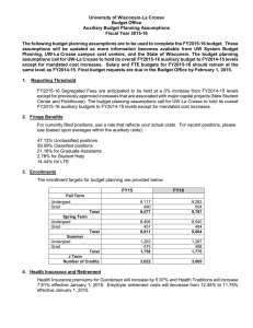 University of Wisconsin-La Crosse Budget Office Auxiliary Budget Planning Assumptions Fiscal Year 2015-16