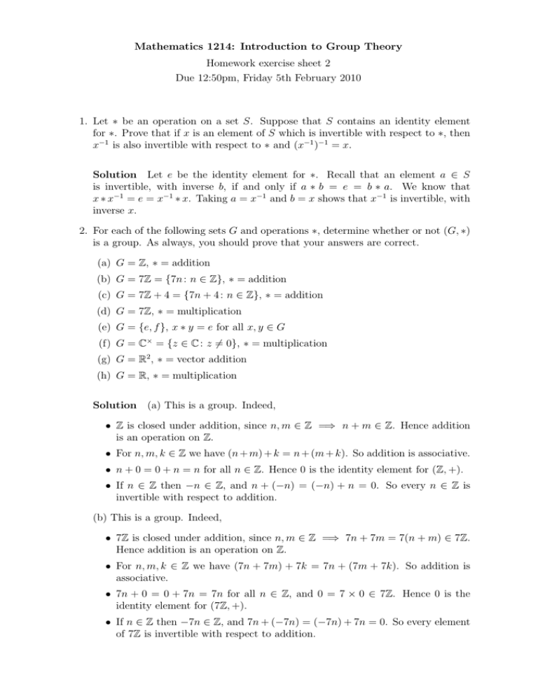 Mathematics 1214 Introduction To Group Theory Homework Exercise Sheet 2