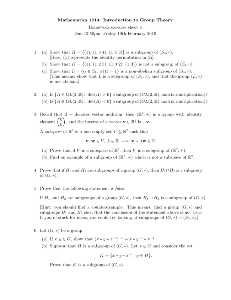Mathematics 1214 Introduction To Group Theory Homework Exercise Sheet 4