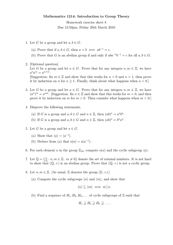 Mathematics 1214 Introduction To Group Theory Homework Exercise Sheet 8