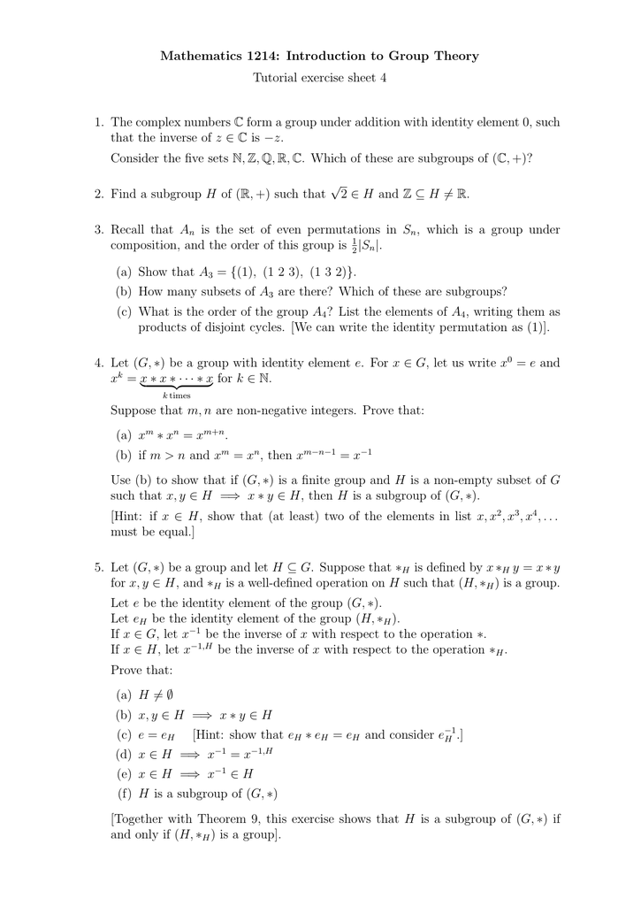 Mathematics 1214 Introduction To Group Theory Tutorial Exercise Sheet 4