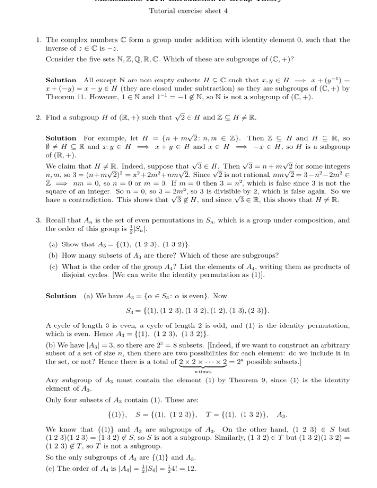 Mathematics 1214 Introduction To Group Theory Tutorial Exercise Sheet 4