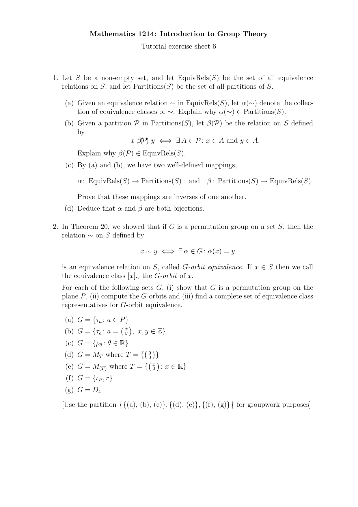 Mathematics 1214 Introduction To Group Theory Tutorial Exercise Sheet 6