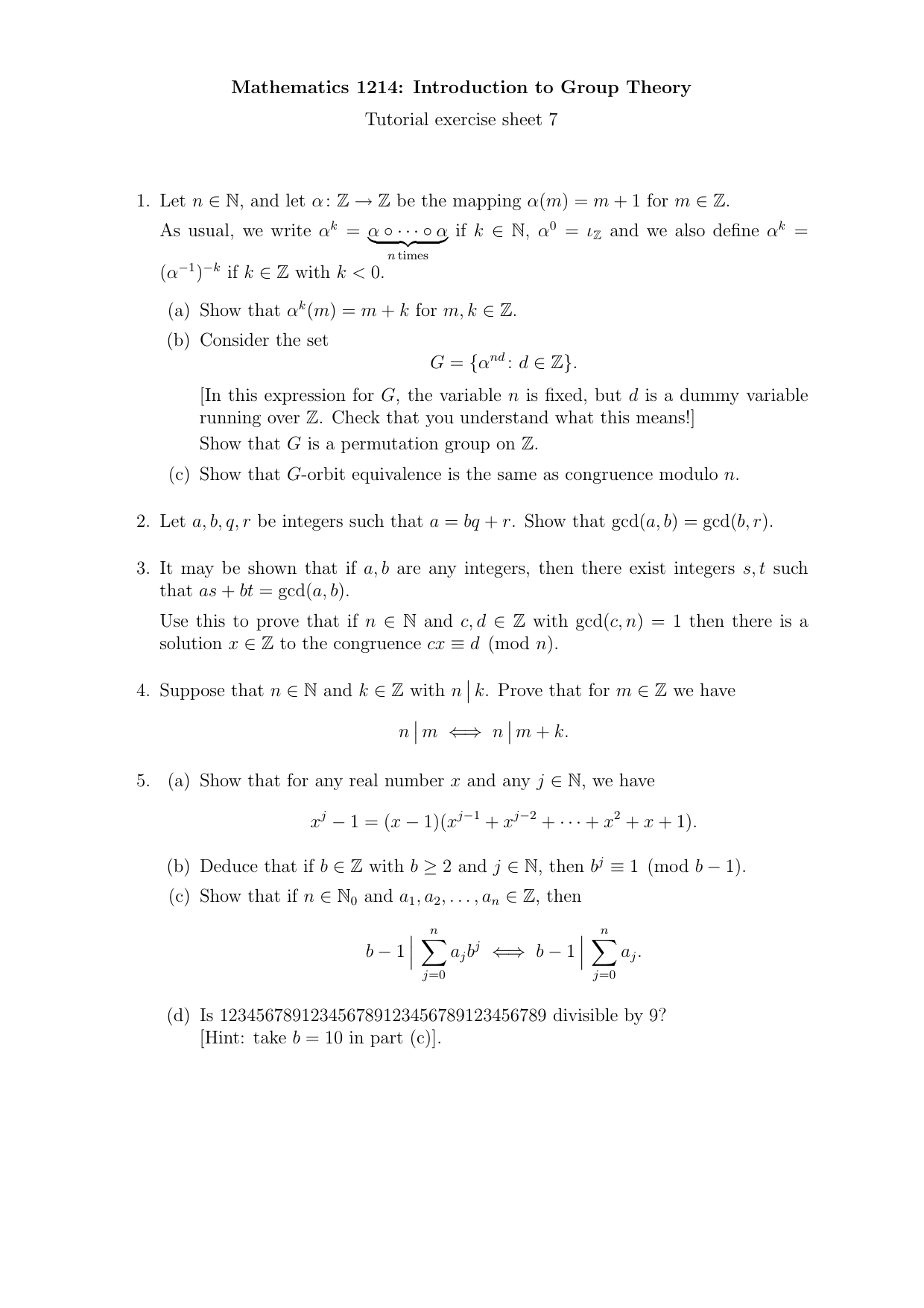 Mathematics 1214 Introduction To Group Theory Tutorial Exercise Sheet 7