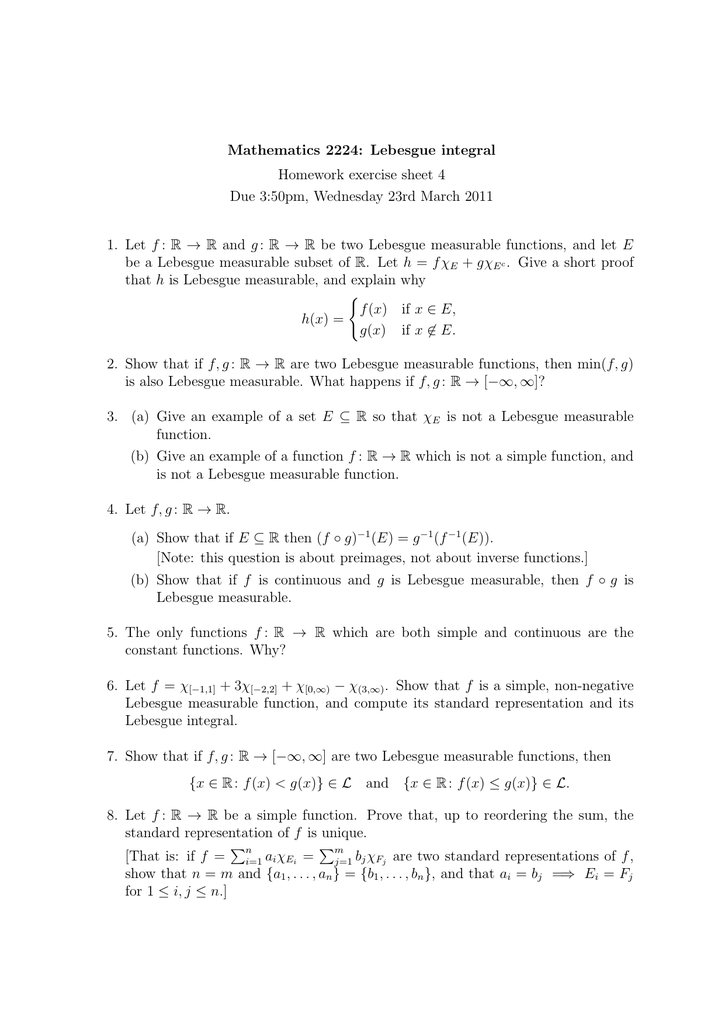 Mathematics 2224 Lebesgue Integral Homework Exercise Sheet 4