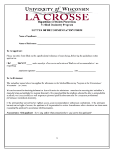 Department of Health Professions Medical Dosimetry Program LETTER OF RECOMMENDATION FORM