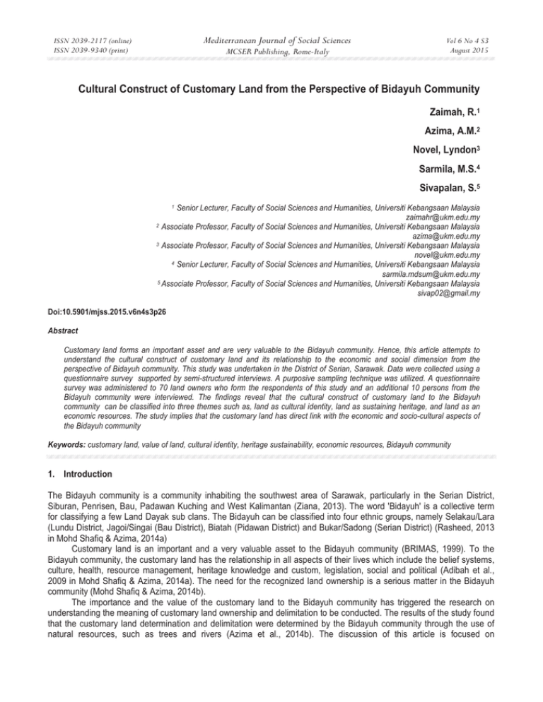 Cultural Construct Of Customary Land From The Perspective Of Bidayuh Mediterranean Journal Of Social Sciences Zaimah R Azima A M