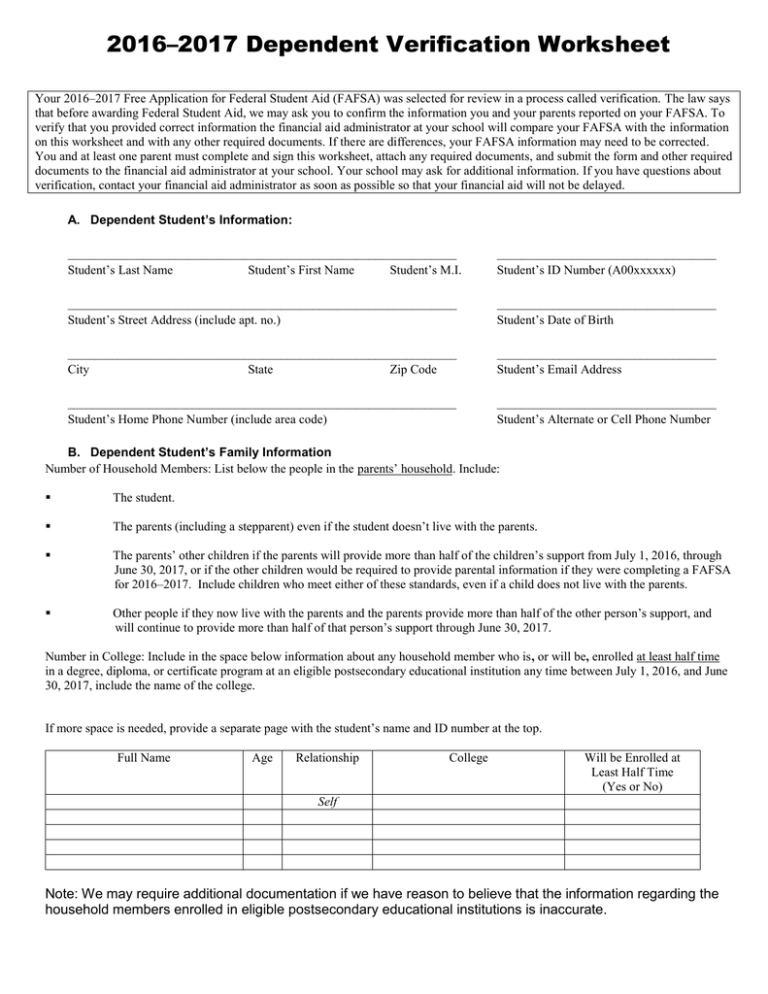 Financial Aid Dependent Verification Worksheet Number 2