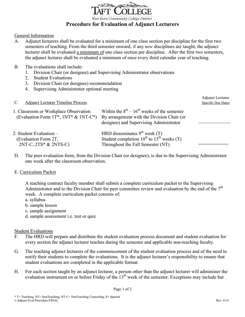 Procedure For Evaluation Of Adjunct Lecturers