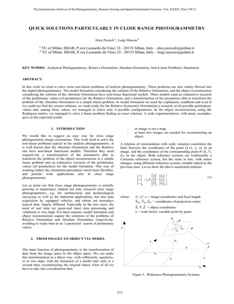 QUICK SOLUTIONS PARTICULARLY IN CLOSE RANGE PHOTOGRAMMETRY