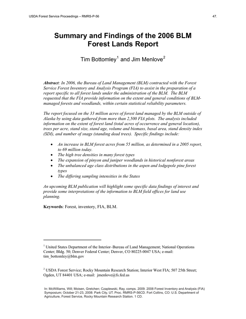 Summary And Findings Of The 2006 Blm Forest Lands Report Tim