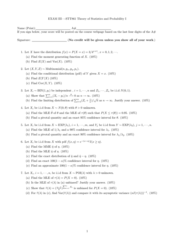 Exam Iii Stt861 Theory Of Statistics And Probability I Name Print A