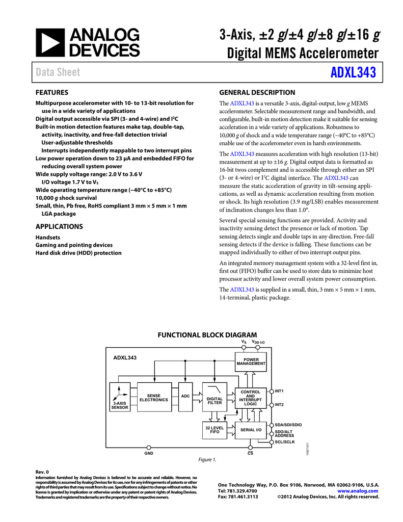 g Digital MEMS Accelerometer ADXL343 Data Sheet