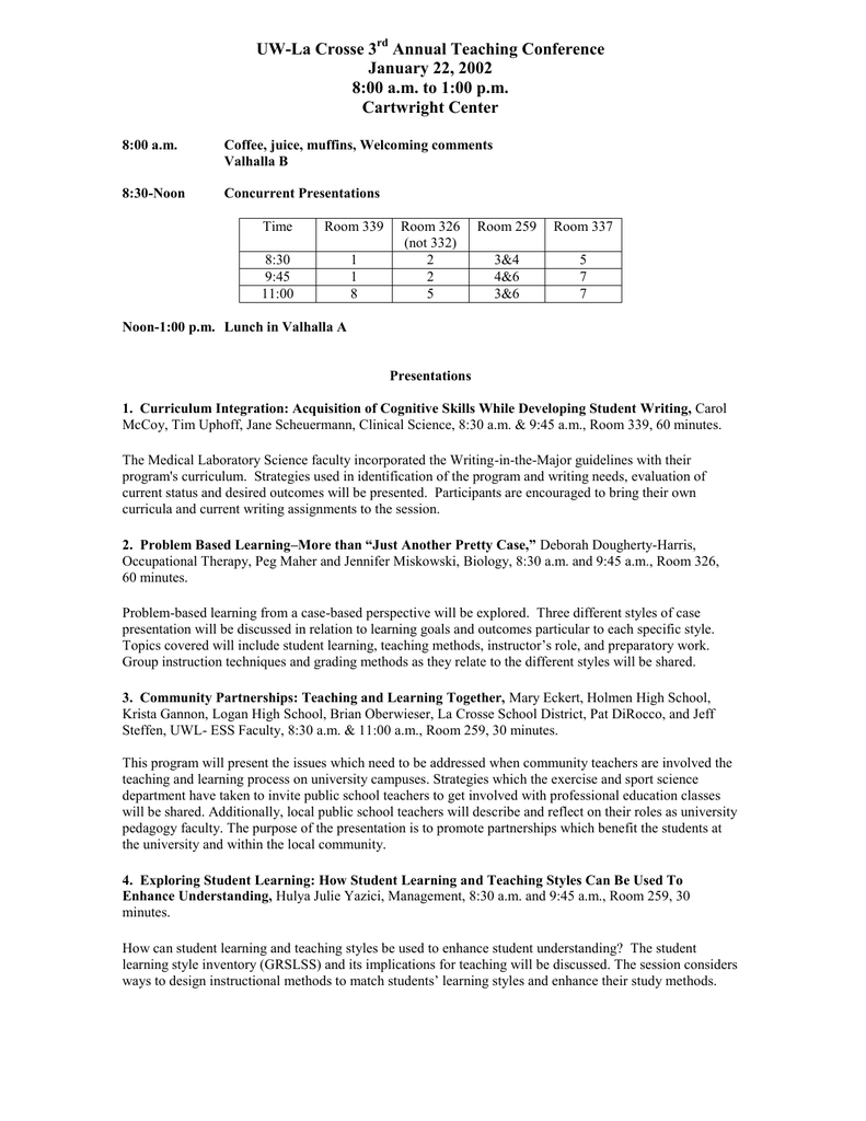 UWLa Crosse 3 Annual Teaching Conference January 22, 2002