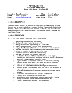 PSYCHOLOGY 1A-70 Introduction to Psychology Spring 2008 : January 28th-May 29th