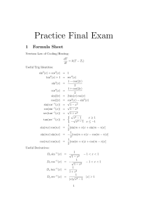 Practice Final Exam 1 Formula Sheet