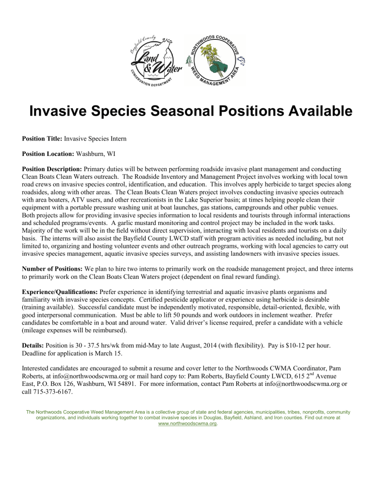 Invasive Species Seasonal Positions Available