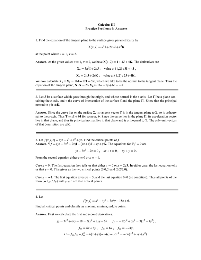 Calculus III Practice Problems 6 Answers X I