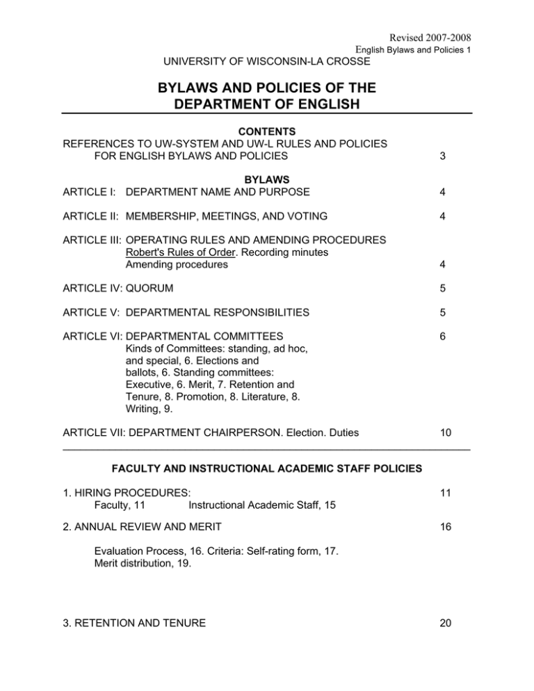 BYLAWS AND POLICIES OF THE DEPARTMENT OF ENGLISH