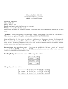 Syllabus for Math 1010-005 Intermediate Algebra (4 Credits) MTWF 8:35-9:25 HEB 2004