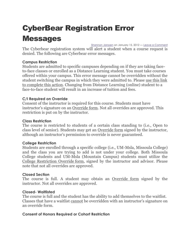 Cyberbear Registration Error Messages