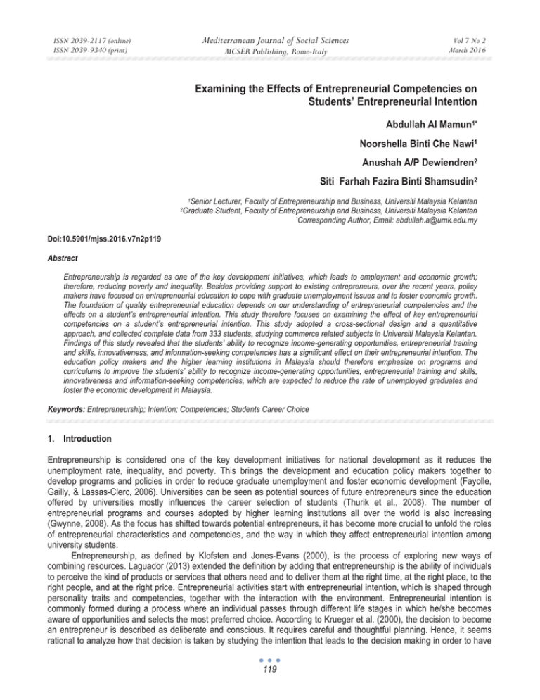 Examining the Effects of Entrepreneurial Competencies on Students ...