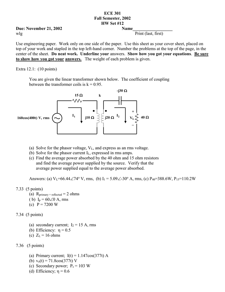 Ece 301 Fall Semester 02 Hw Set 12 Due November 21 02