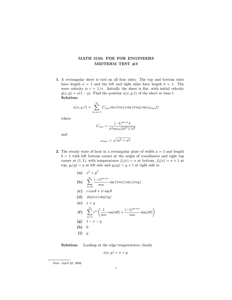Math 3150 Pde For Engineers Midterm Test 3