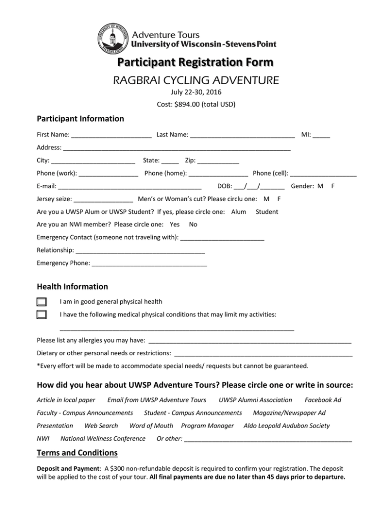 Participant Registration Form RAGBRAI CYCLING ADVENTURE Participant