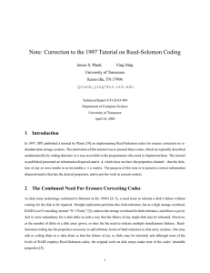 Note: Correction to the 1997 Tutorial on Reed-Solomon Coding 1 Introduction