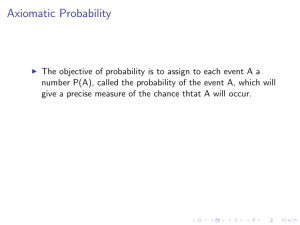 Probability Axioms: AXIOM 1 For any event A, P(A) ≥ 0. AXIOM 2