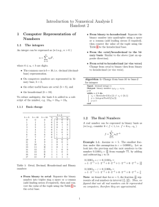 Introduction to Numerical Analysis I Handout 2 1 Computer Representation of