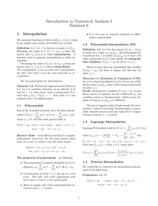 Introduction to Numerical Analysis I Handout 6 1 Interpolation