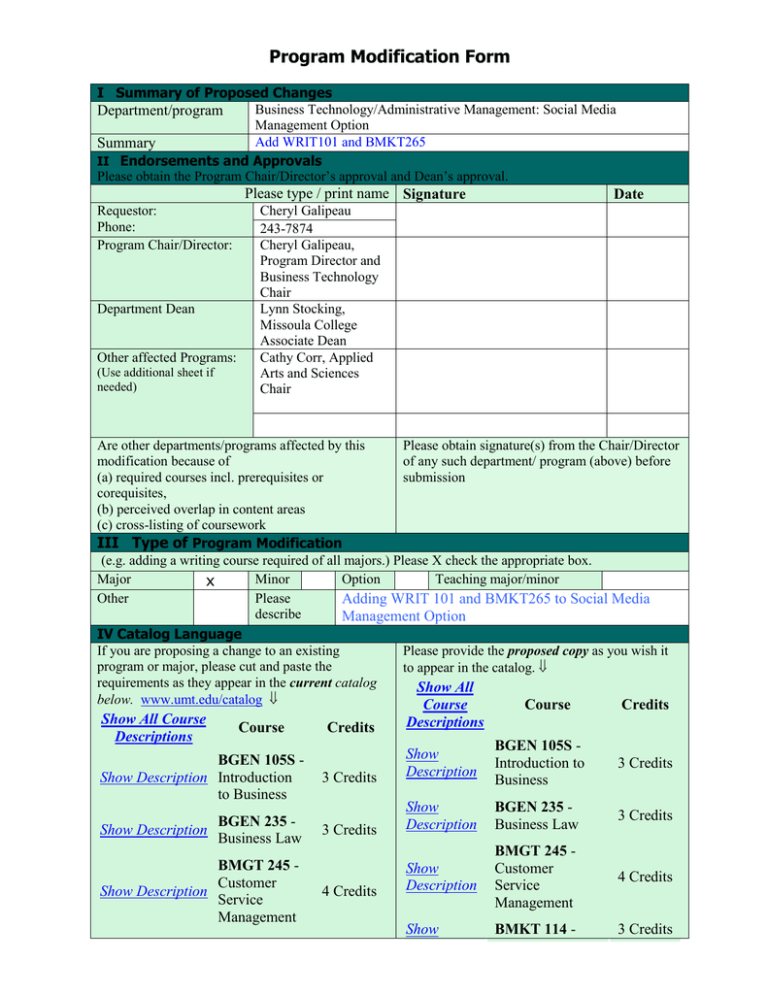 Program Modification Form Department/program Summary